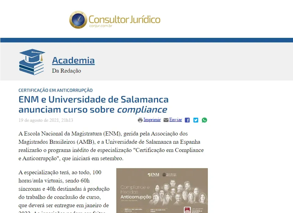 Saiu na mídia: Conjur destaca curso da ENM em parceria com a Universidade de Salamanca