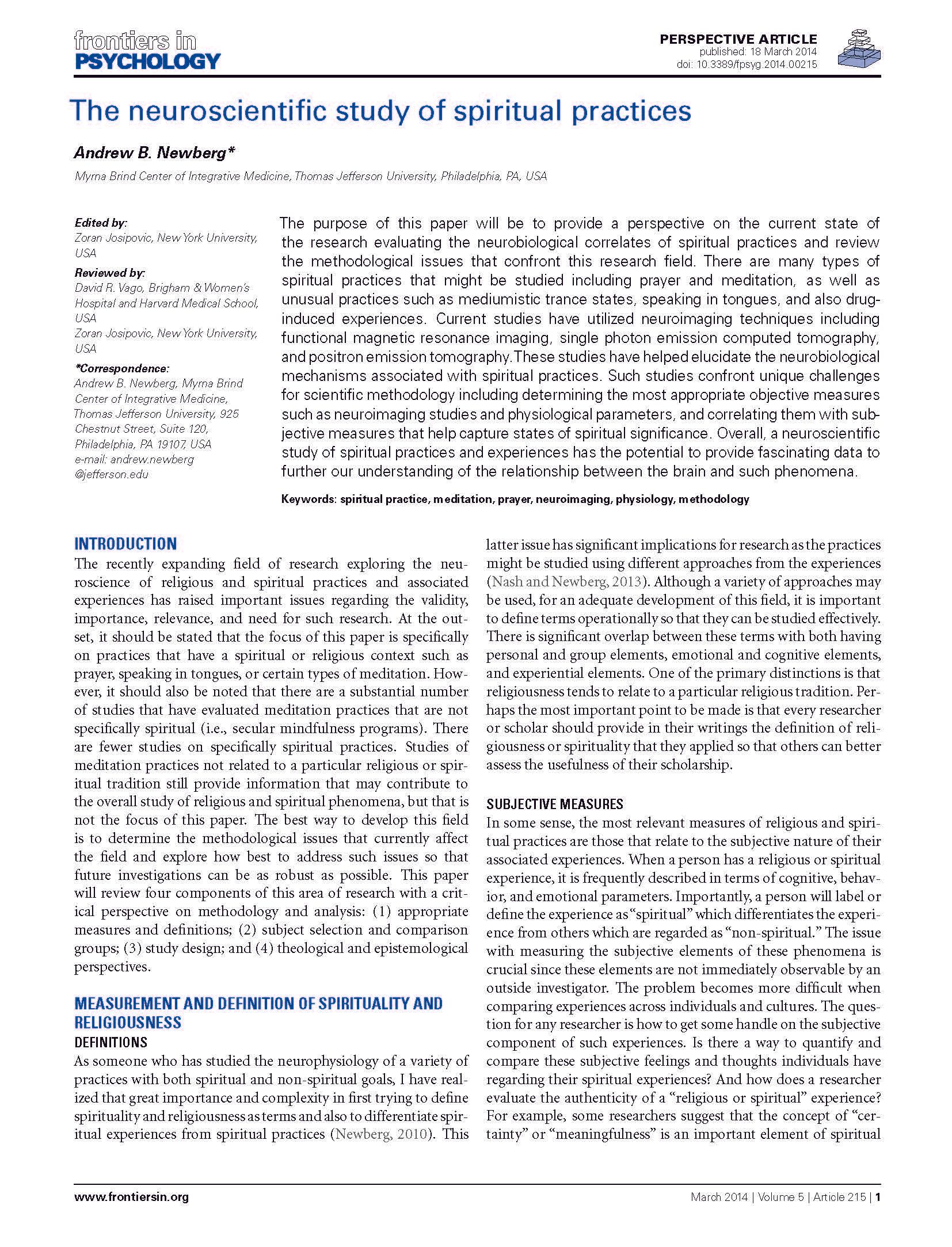 The neuroscientific study of spiritual practices