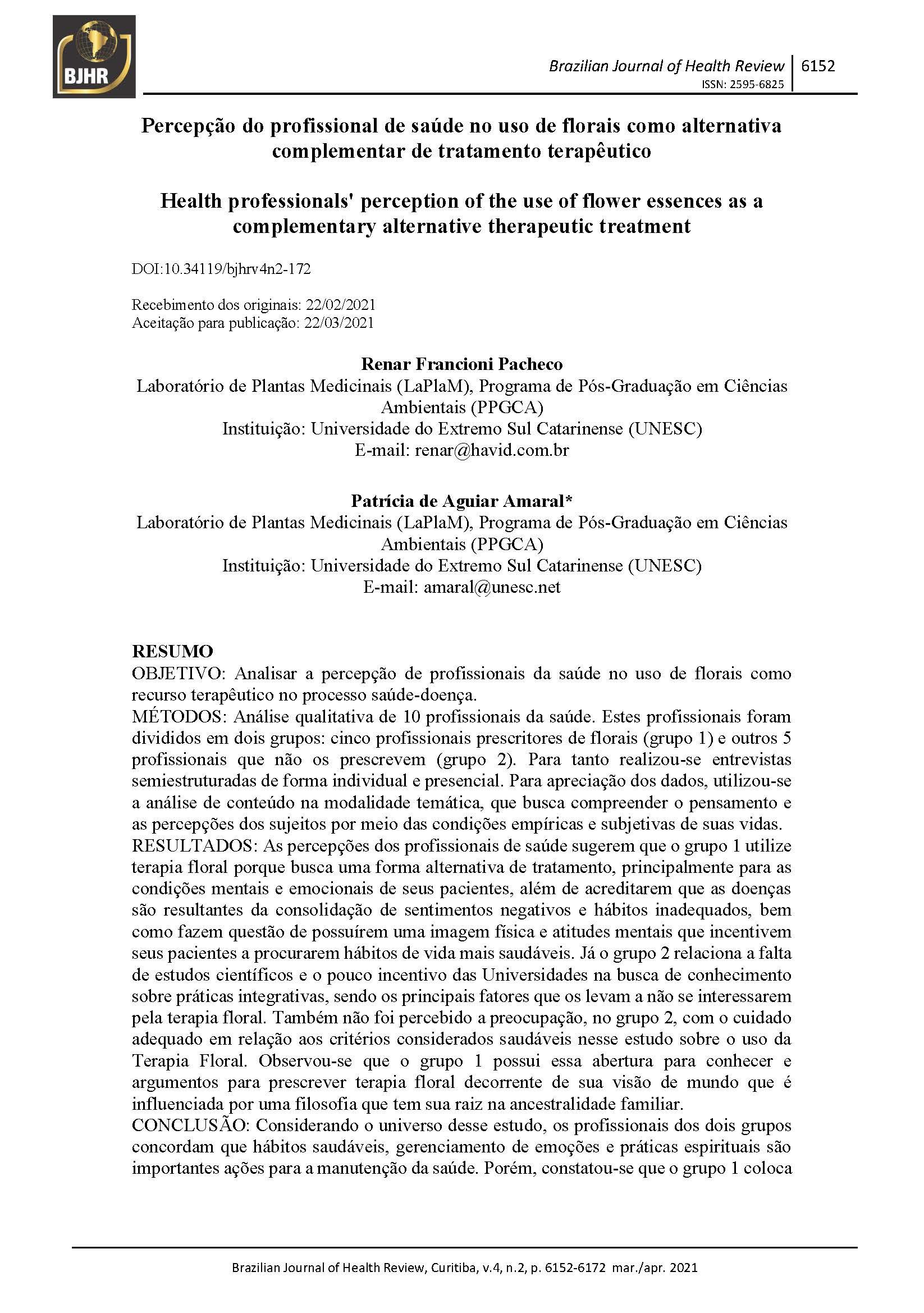 Análise da percepção do profissional de saúde no uso de florais como alternativa de tratamento e controle de qualidade de florais por CLAE